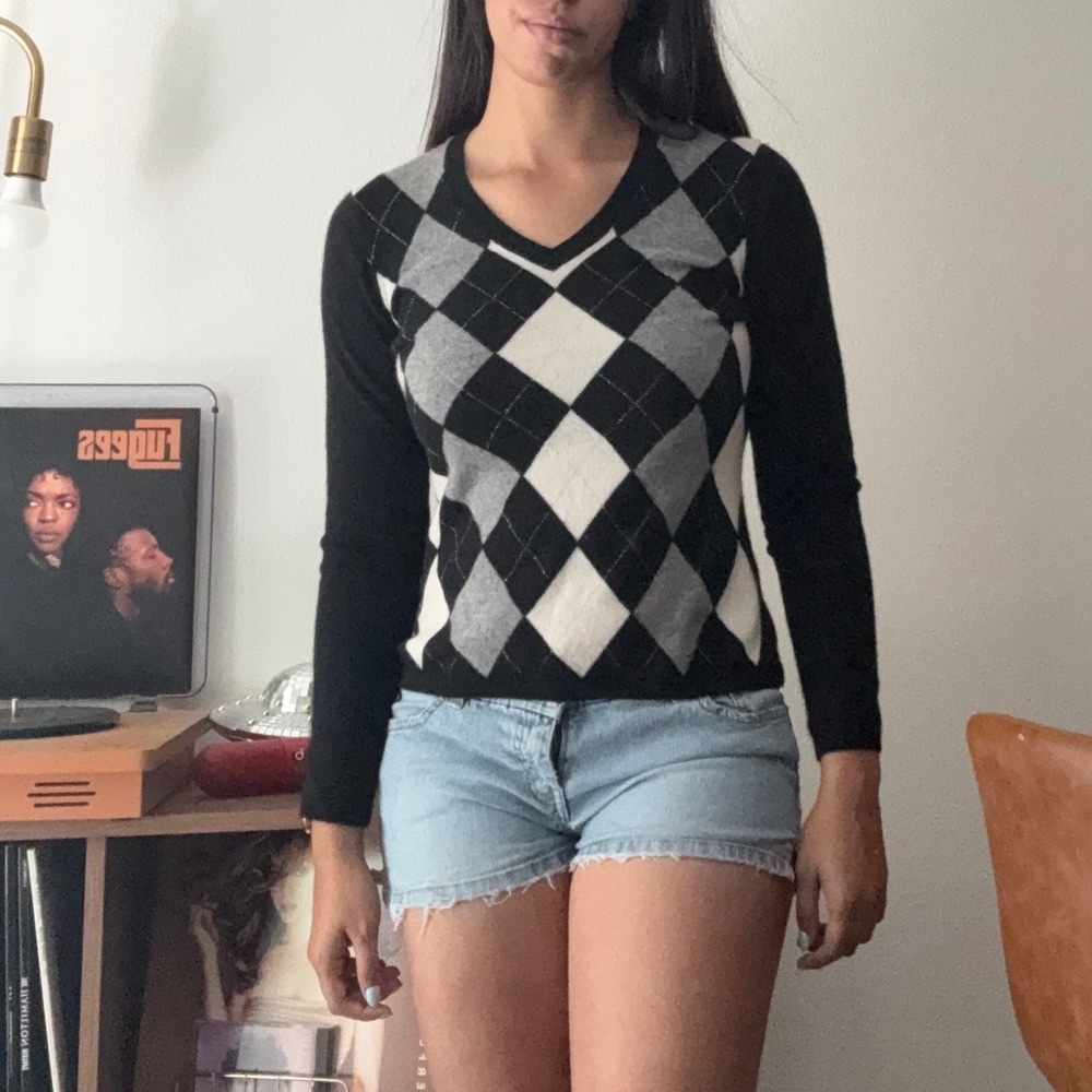 Charter Club 100% Cashmere Argyle V-Neck Sweater Black Grey White M